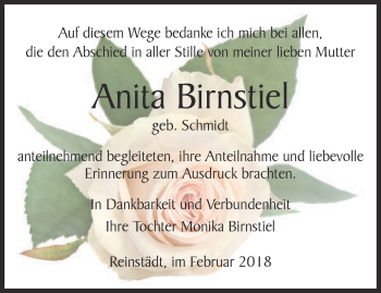 Traueranzeige von Anita Birnstiel von Ostthüringer Zeitung, Thüringische Landeszeitung