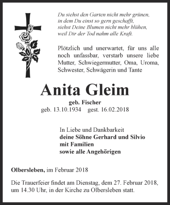 Traueranzeige von Anita Gleim von Thüringer Allgemeine