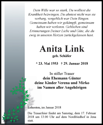 Traueranzeige von Anita Link von Ostthüringer Zeitung, Thüringische Landeszeitung