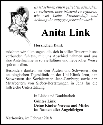 Traueranzeige von Anita Link von Ostthüringer Zeitung, Thüringische Landeszeitung