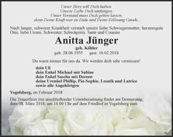 Traueranzeige von Anitta Jünger von Thüringer Allgemeine