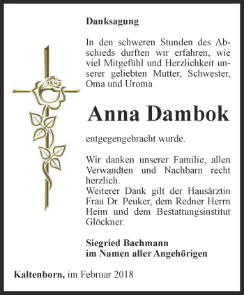 Traueranzeige von Anna Dambok von Ostthüringer Zeitung