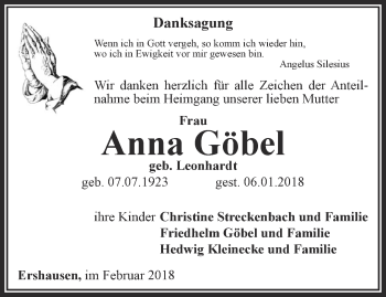 Traueranzeige von Anna Göbel von Thüringer Allgemeine