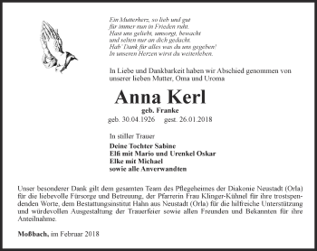 Traueranzeige von Anna Kerl