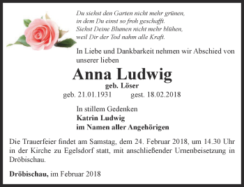 Traueranzeige von Anna Ludwig von Ostthüringer Zeitung