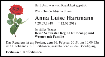 Traueranzeige von Anna Luise Hartmann von Thüringer Allgemeine