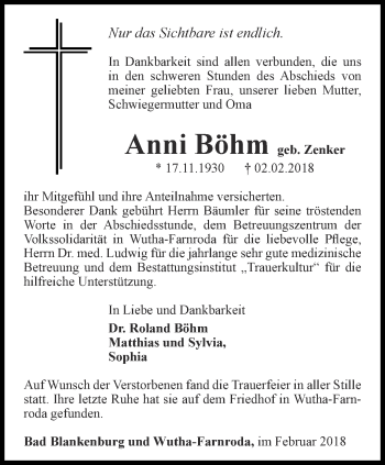 Traueranzeige von Anni Böhm von Ostthüringer Zeitung