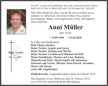 Traueranzeige von Anni Müller von Thüringer Allgemeine