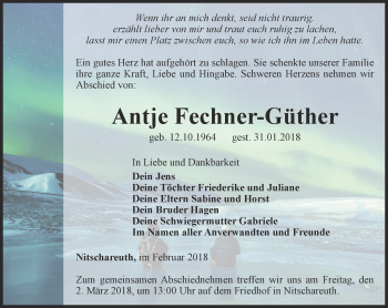 Traueranzeige von Antje Fechner-Güther von Ostthüringer Zeitung