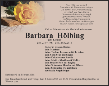 Traueranzeige von Barbara Hölbing von Thüringer Allgemeine, Thüringische Landeszeitung