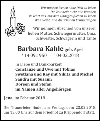 Traueranzeige von Barbara Kahle von Ostthüringer Zeitung, Thüringische Landeszeitung