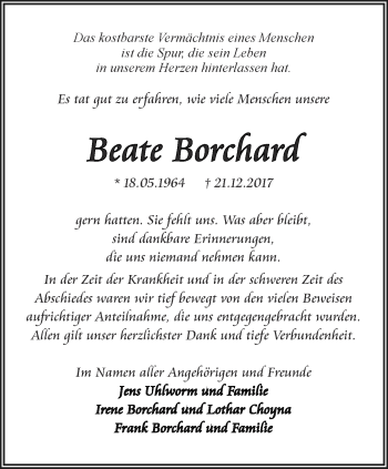 Traueranzeige von Beate Borchard von Thüringer Allgemeine, Thüringische Landeszeitung