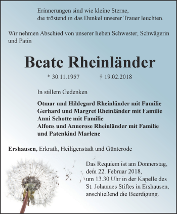 Traueranzeige von Beate Rheinländer von Thüringer Allgemeine