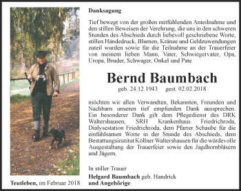 Traueranzeige von Bernd Baumbach von Ostthüringer Zeitung, Thüringische Landeszeitung