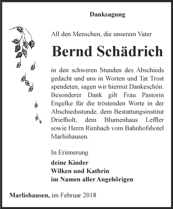 Traueranzeige von Bernd Schädrich von Thüringer Allgemeine