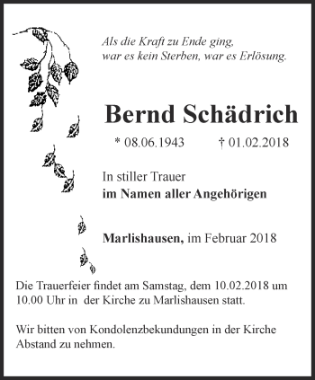 Traueranzeige von Bernd Schädrich von Thüringer Allgemeine