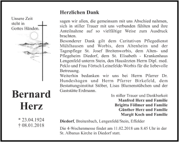 Traueranzeige von Bernhard Herz von Thüringer Allgemeine, Thüringische Landeszeitung