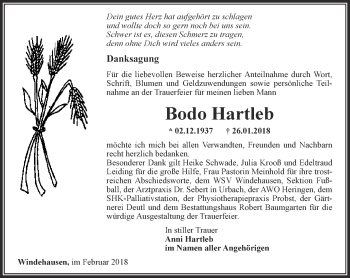 Traueranzeige von Bodo Hartleb von Thüringer Allgemeine