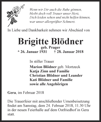 Traueranzeige von Brigitte Blödner von Ostthüringer Zeitung