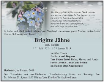 Traueranzeige von Brigitte Jähne von Thüringer Allgemeine, Thüringische Landeszeitung