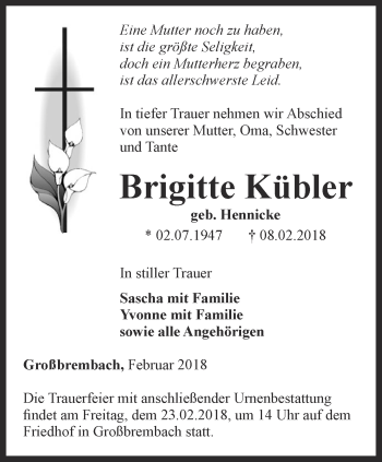 Traueranzeige von Brigitte Kübler von Thüringer Allgemeine