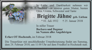 Traueranzeige von Brigitte Jähne von Thüringer Allgemeine
