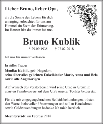 Traueranzeige von Bruno Kublik von Ostthüringer Zeitung, Thüringische Landeszeitung