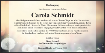 Traueranzeige von Carola Schmidt von Ostthüringer Zeitung