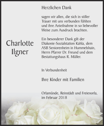 Traueranzeige von Charlotte Ilgner von Ostthüringer Zeitung, Thüringische Landeszeitung