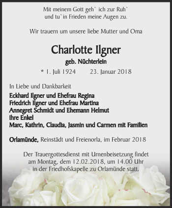 Traueranzeige von Charlotte Ilgner von Ostthüringer Zeitung, Thüringische Landeszeitung