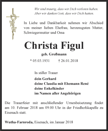 Traueranzeige von Christa Figul von Thüringer Allgemeine, Thüringische Landeszeitung