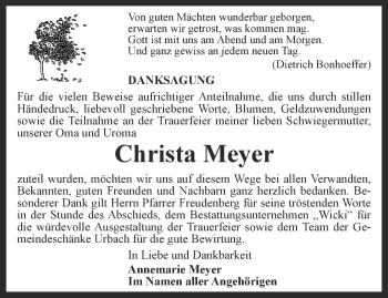 Traueranzeige von Christa Meyer von Thüringer Allgemeine, Thüringische Landeszeitung