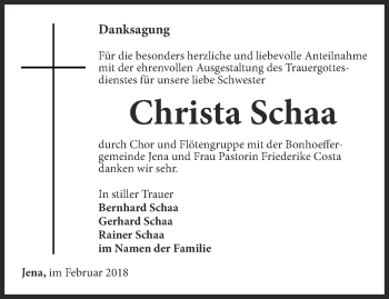 Traueranzeige von Christa Schaa von Ostthüringer Zeitung, Thüringische Landeszeitung