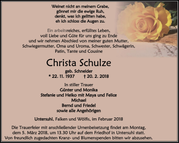 Traueranzeige von Christa Schulze von Thüringer Allgemeine, Thüringische Landeszeitung