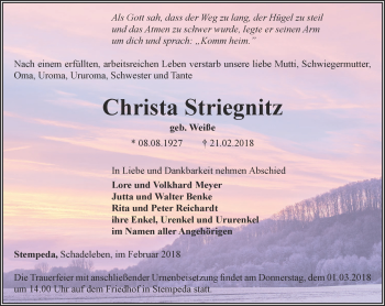 Traueranzeige von Christa Striegnitz von Thüringer Allgemeine