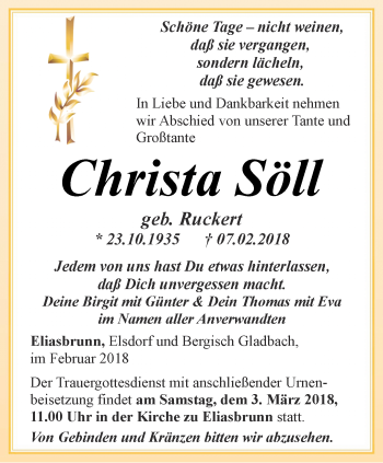 Traueranzeige von Christa Söll von Ostthüringer Zeitung