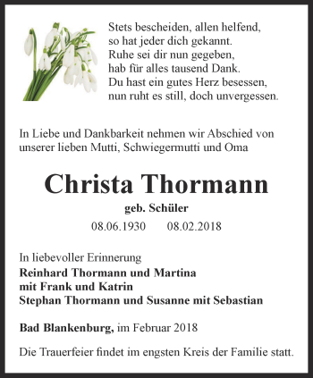 Traueranzeige von Christa Thormann von Ostthüringer Zeitung