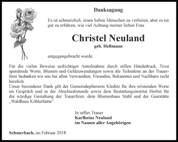 Traueranzeige von Christel Neuland von Ostthüringer Zeitung, Thüringische Landeszeitung