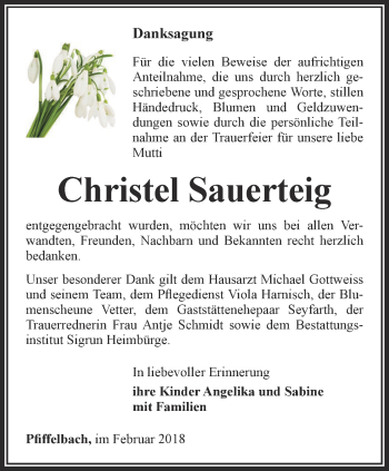 Traueranzeige von Christel Sauerteig von Thüringer Allgemeine, Thüringische Landeszeitung