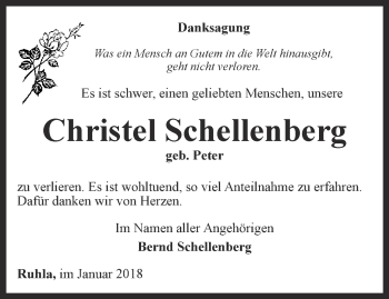 Traueranzeige von Christel Schellenberg von Thüringer Allgemeine, Thüringische Landeszeitung