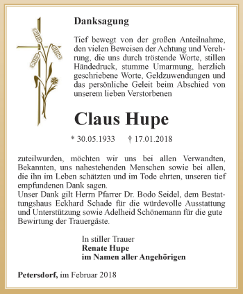 Traueranzeige von Claus Hupe von Thüringer Allgemeine