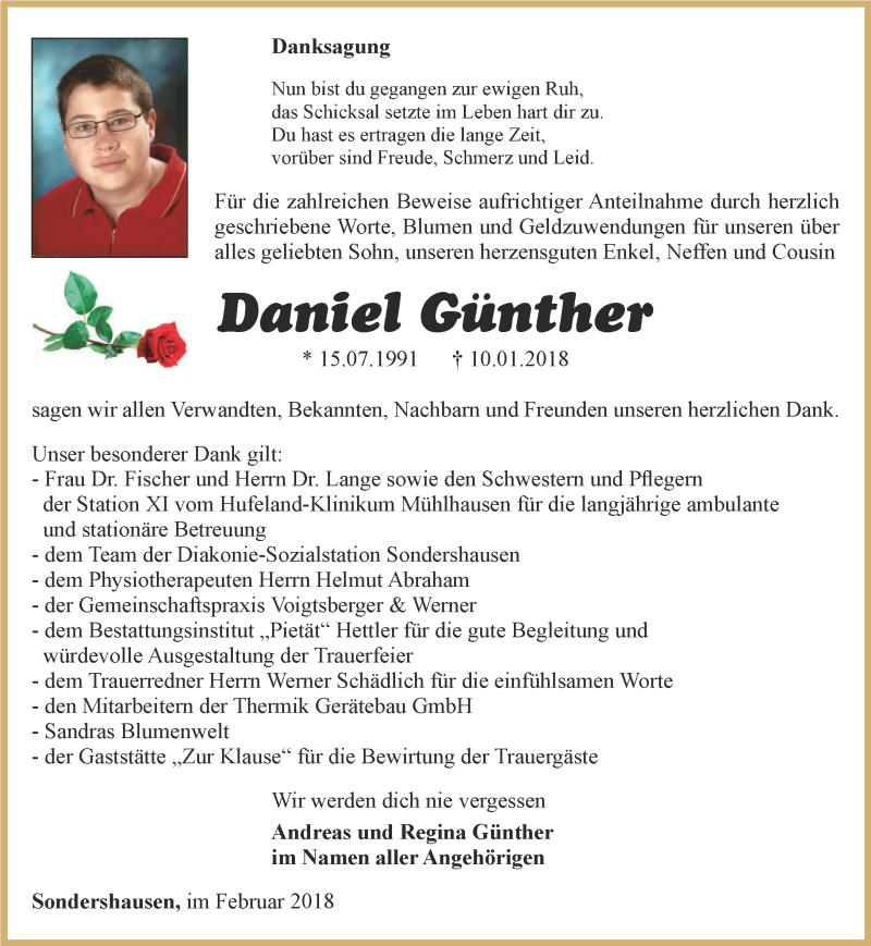  Traueranzeige für Daniel Günther vom 10.02.2018 aus Thüringer Allgemeine