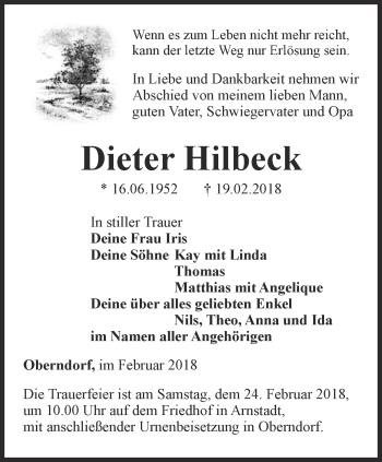 Traueranzeige von Dieter Hilbeck von Thüringer Allgemeine