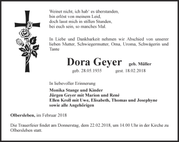 Traueranzeige von Dora Geyer von Thüringer Allgemeine