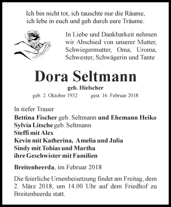 Traueranzeige von Dora Seltmann von Ostthüringer Zeitung