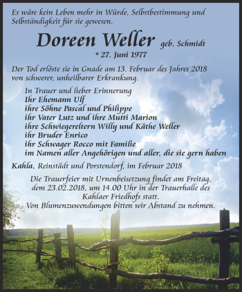 Traueranzeige von Doreen Weller von Ostthüringer Zeitung, Thüringische Landeszeitung