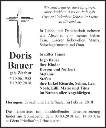 Traueranzeige von Doris Bauer von Thüringer Allgemeine