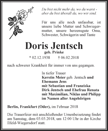 Traueranzeige von Doris Jentsch von Thüringer Allgemeine