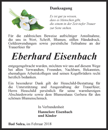 Traueranzeige von Eberhard Eisenbach von Thüringer Allgemeine, Thüringische Landeszeitung