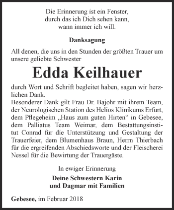 Traueranzeige von Edda Keilhauer von Thüringer Allgemeine, Thüringische Landeszeitung